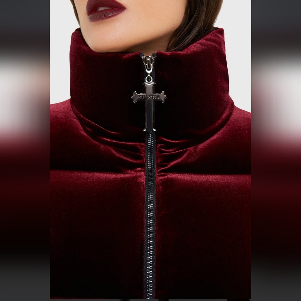 Killstar Dark Red Velvet Puffer Jacket - Picture 3 of 8